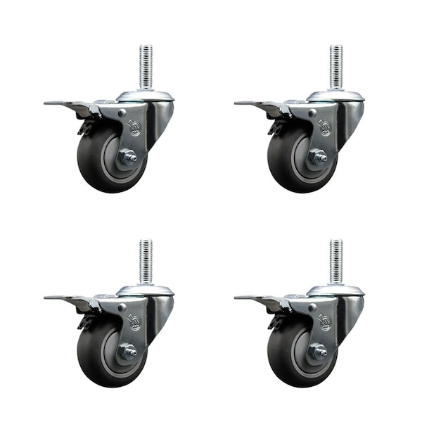 Service Caster 3 Inch Thermoplastic Rubber Swivel 34 Inch Threaded Stem Caster Set with Total Lock Brake SCC-TSTTL20S314-TPRB-34212-4 - main